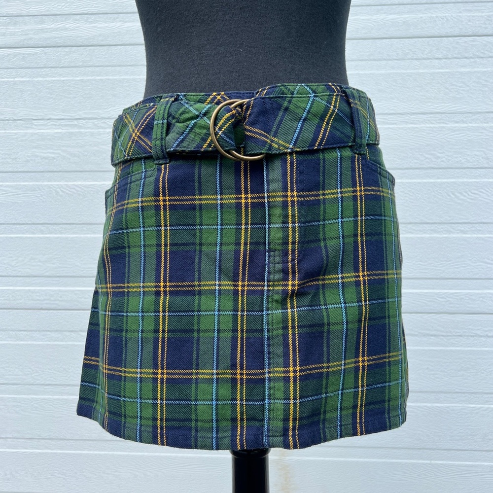 Y2K Abercrombie & Fitch Wool Blend Green Tartan Plaid Mini Skirt with Belt, 6